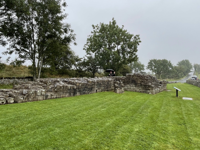 A low section of Hadrian's Wall with the remains of a square turret.  It is by a road and has an information board.