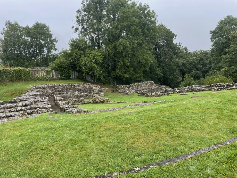 Looking down on low wall marking out buildings.  Some are higher rising to two or three feet.