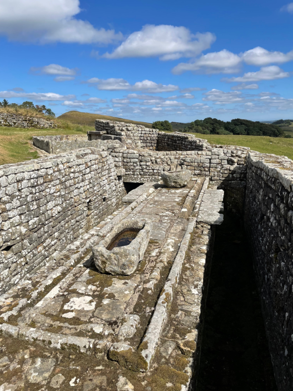 A long room with low stone walls.  The centre contains two stone basins and there is a channel in the floor around them.