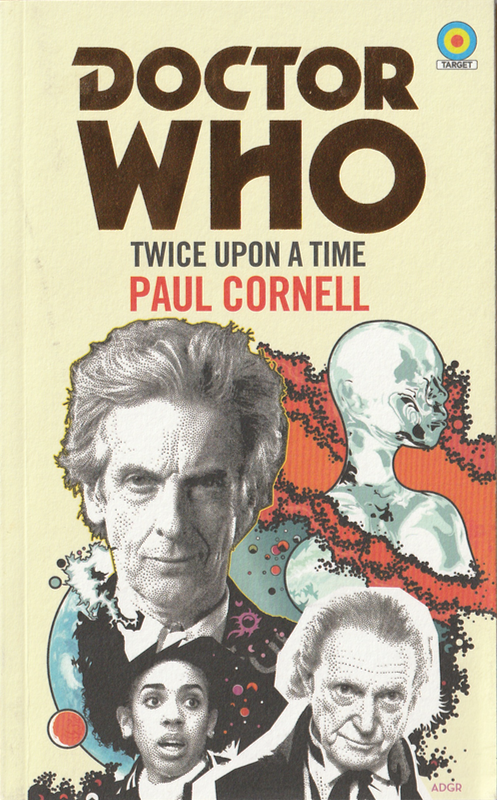 The Cover of Twice Upon a Time by Paul Cornell drawn in the style of Chris Achilleos.  It depicts the heads and shoulders of the twelfth doctor, David Bradley as the first Doctor and Bill againt a background of blue and red planets and red and black swirls.  The silvery head of testimony is also shown.
